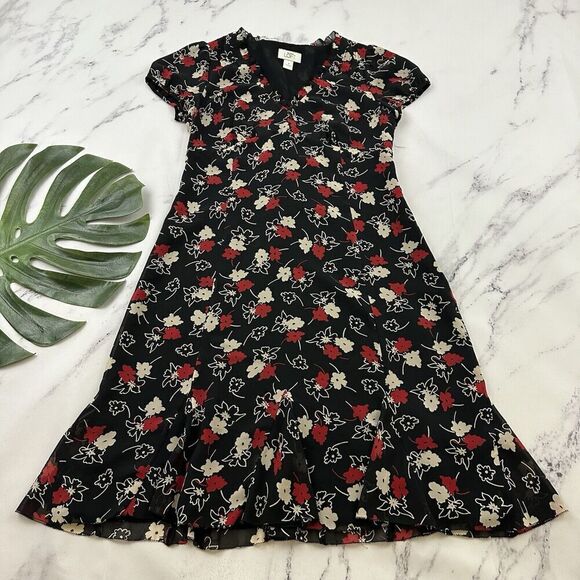 LOFT Dresses & Skirts - Loft Womens Vintage Y2k Slip Dress Size 6 Black Red Floral Ruffle Trim Flutter